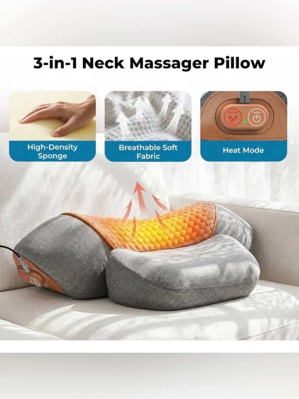 Freebody 3-in-1 Neck Massager Pillow with Heat &Massage Support, Grey,New